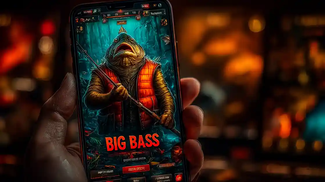 A close-up of a hand holding a smartphone showcasing a BIG BASS fishing game, featuring an anthropomorphic fish character, highlighting the engaging casual games on linebet.