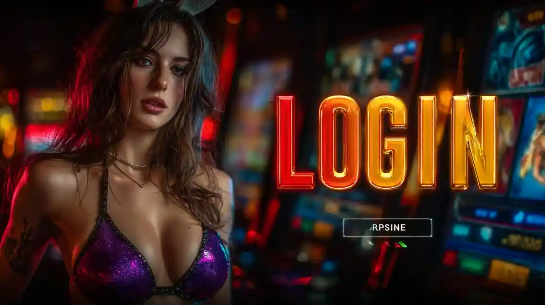 A captivating woman in a shimmering top stands beside a prominent LOGIN interface, with linebet slot machines softly blurred in the background, inviting users to enter the world of linebet.