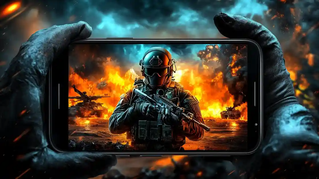 Hands holding a smartphone displaying an intense military shooter game with a soldier amidst explosions and tanks, showcasing the immersive action available on linebet.