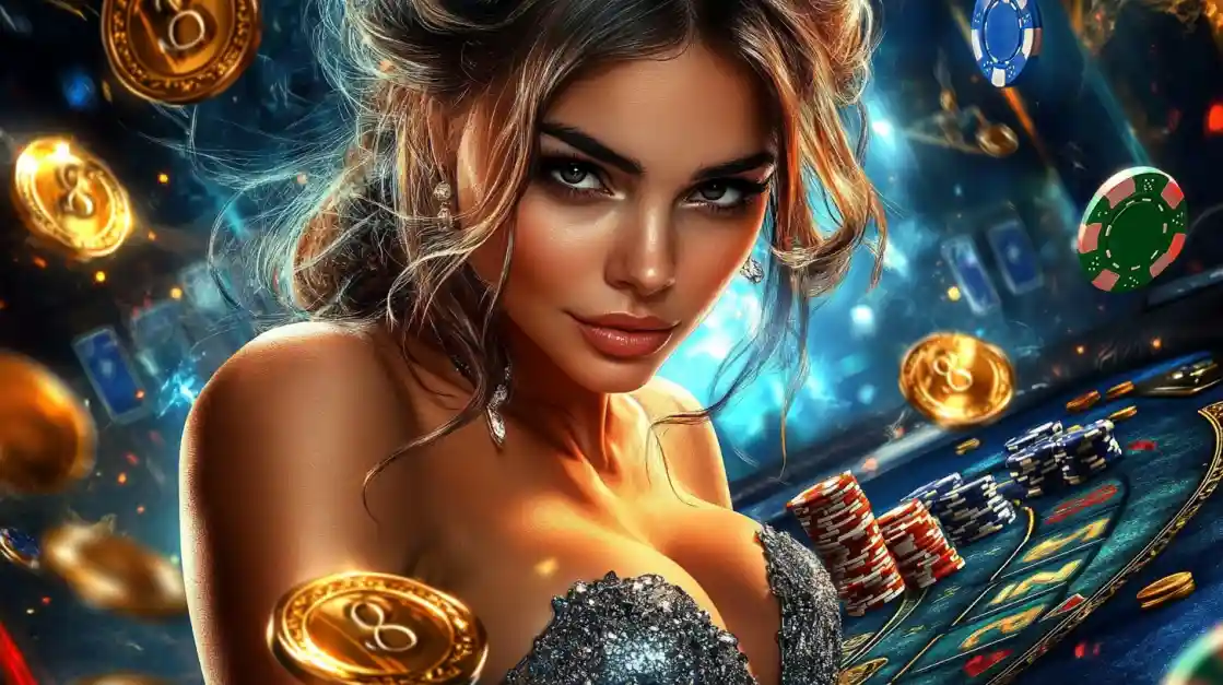 A beautiful woman in a glittering dress gives a captivating look while at a linebet casino table, surrounded by floating gold coins, casino chips, and a roulette wheel.